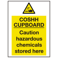 Hazard sign reading COSSHH CUPBOARD Caution hazardous chemical stored here